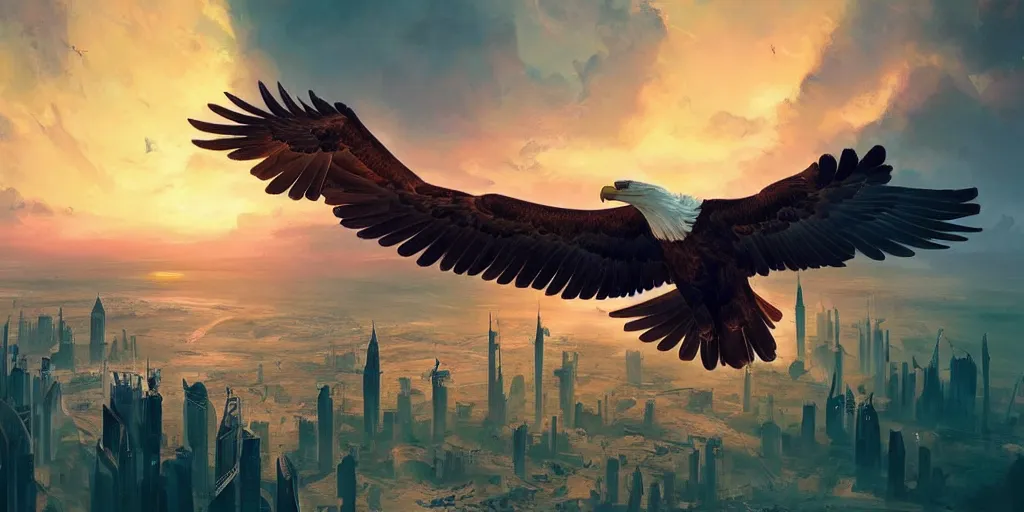 Prompt: a very large eagle flying over an abandoned dubai, cinematic film, very intense and vibrant colors, dramatic, sunset light, by jordan grimmer, dynamic painting