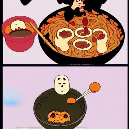 Prompt: Spirited Away No-Face character eating ramen