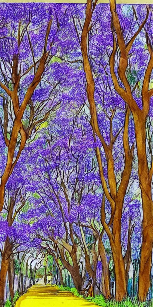 Prompt: <<https://s.mj.run/nQvqF0TB45Q>> , hand drawn illustration, walking among the jacarandas