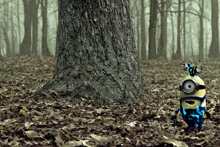 Prompt: a still of a minion in blair - witch project ( 1 9 9 9 ), real life, cinematic, detailed, move still, vhs, ultra realistic face, accurate, 8 k, hd