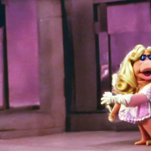 Image similar to movie still of miss piggy starring as trinity in the matrix 1 9 9 9 movie