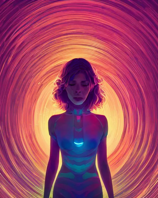 Image similar to lsd, glowing trails, full - body, a beautiful woman, dramatic lighting, by ilya kuvshinov, artgerm, wlop, lois van baarle, digital painting, ultra detailed colorful intricate repeating geometric fractals in the background by moebius, beeple, 4 k, artstation