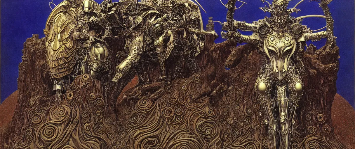 Prompt: composition of gothic and futuristic, warhammer, animals in cyber armor, the middle ages, highly detailed, artstation, in the style of moebius, jugendstil and classic japanese print, psychedelic, art by art by max ernst and gustav klimt, compositon by jean delville