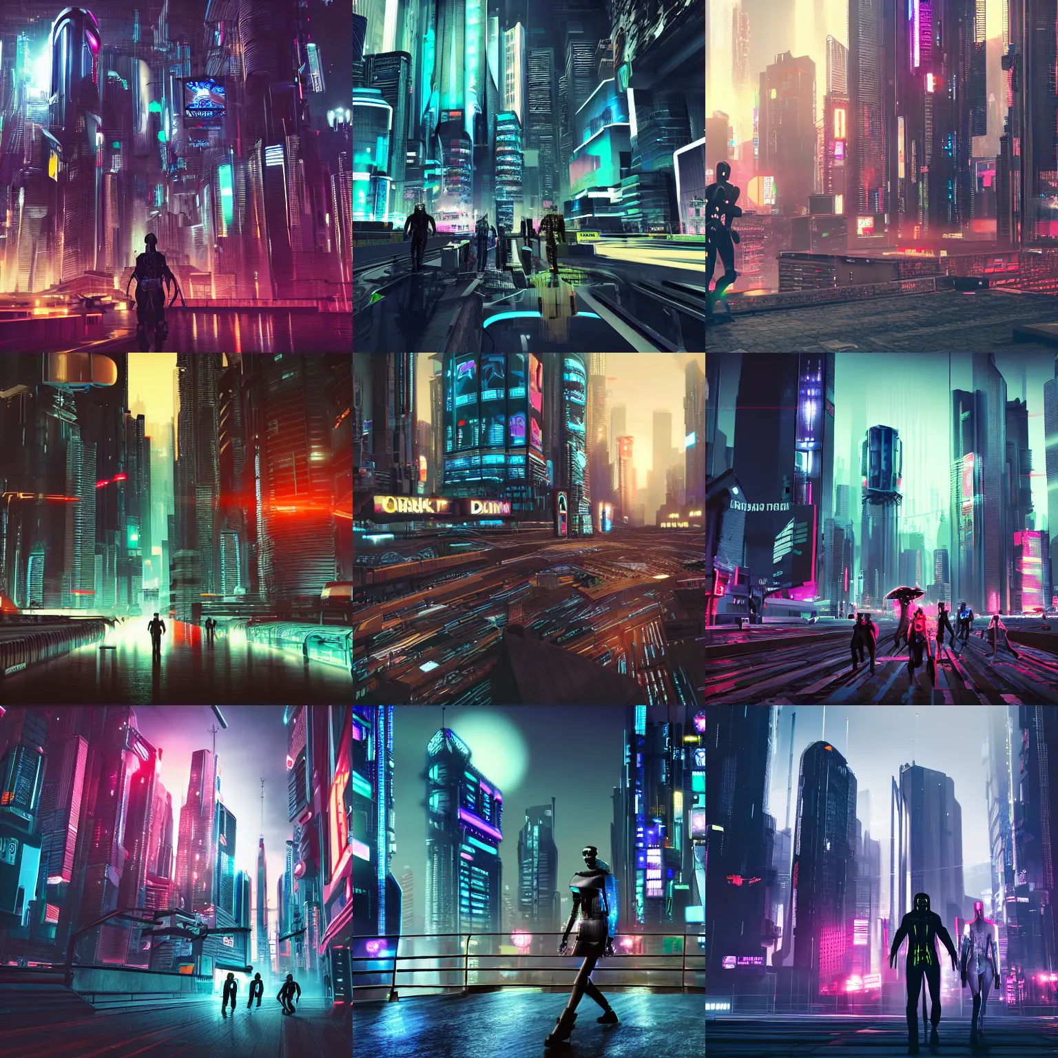 Prompt: cyberpunk cityscape, robots walking throughout, drones flying, dark, photorealistic - w 768