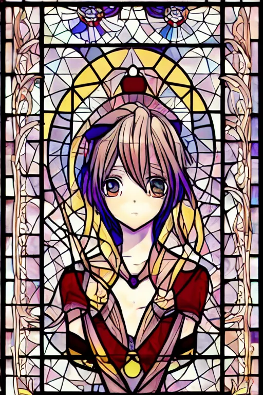 Prompt: stained glass window geometric, very very beautiful cute anime girl key visual, art nouveau, trending on pixiv