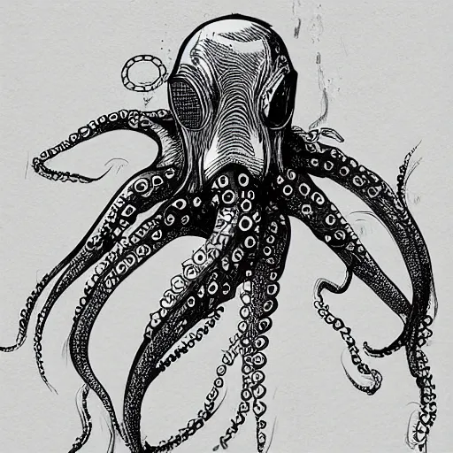 Image similar to a cyberpunk octopus, in the style of Ashley Wood and Moebius