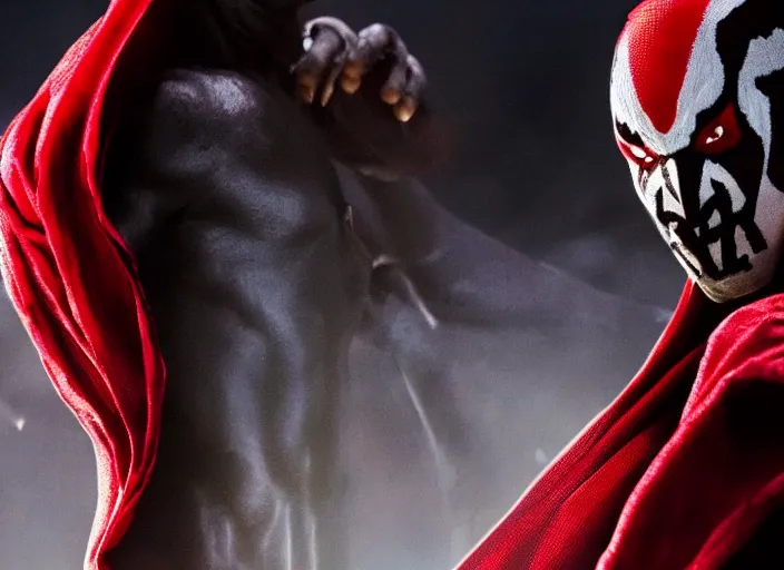 Image similar to film still of michael b jordan as spawn in the new spawn movie, giant chains, large cape, 8 k