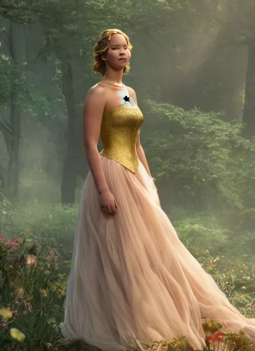 Image similar to Jennifer Lawrence as a Disney Princess, movie Still, 4k, cinematic lighting, golden hour,