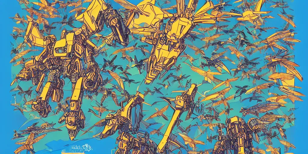 Prompt: gigantic mecha arzach birds with dragonflies, tiny rats, a lot of exotic animals around, big human faces everywhere, helicopters and tremendous birds, risograph drawing by satoshi kon and moebius, matte summer blue colors, surreal psychedelic design, 4 k