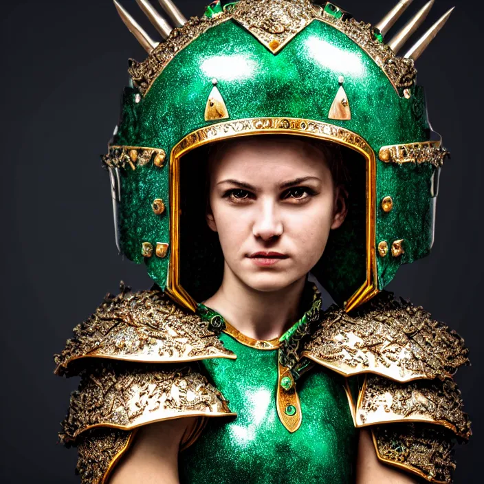 Image similar to photo of a cute beautiful warrior queen wearing emerald encrusted armour, highly detailed, 4 k, hdr, smooth, sharp focus, high resolution, award - winning photo