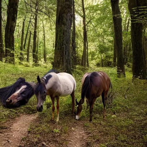 Prompt: two dead horses with some arrows on their body, lying on the woods path, dense thickets on each side, photo, 8 k