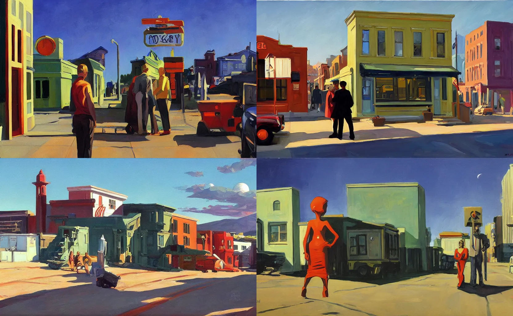 Prompt: a quaint Martian town, sci-fi painting by Ben Aronson and Edward Hopper