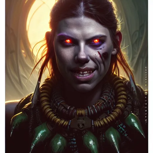 Image similar to portrait painting of a cyberpunk orc shaman extremely muscular ugly scarlett johansson with bad teeth, ultra realistic, concept art, intricate details, eerie, highly detailed, photorealistic, octane render, 8 k, unreal engine. art by artgerm and greg rutkowski and charlie bowater and magali villeneuve and alphonse mucha