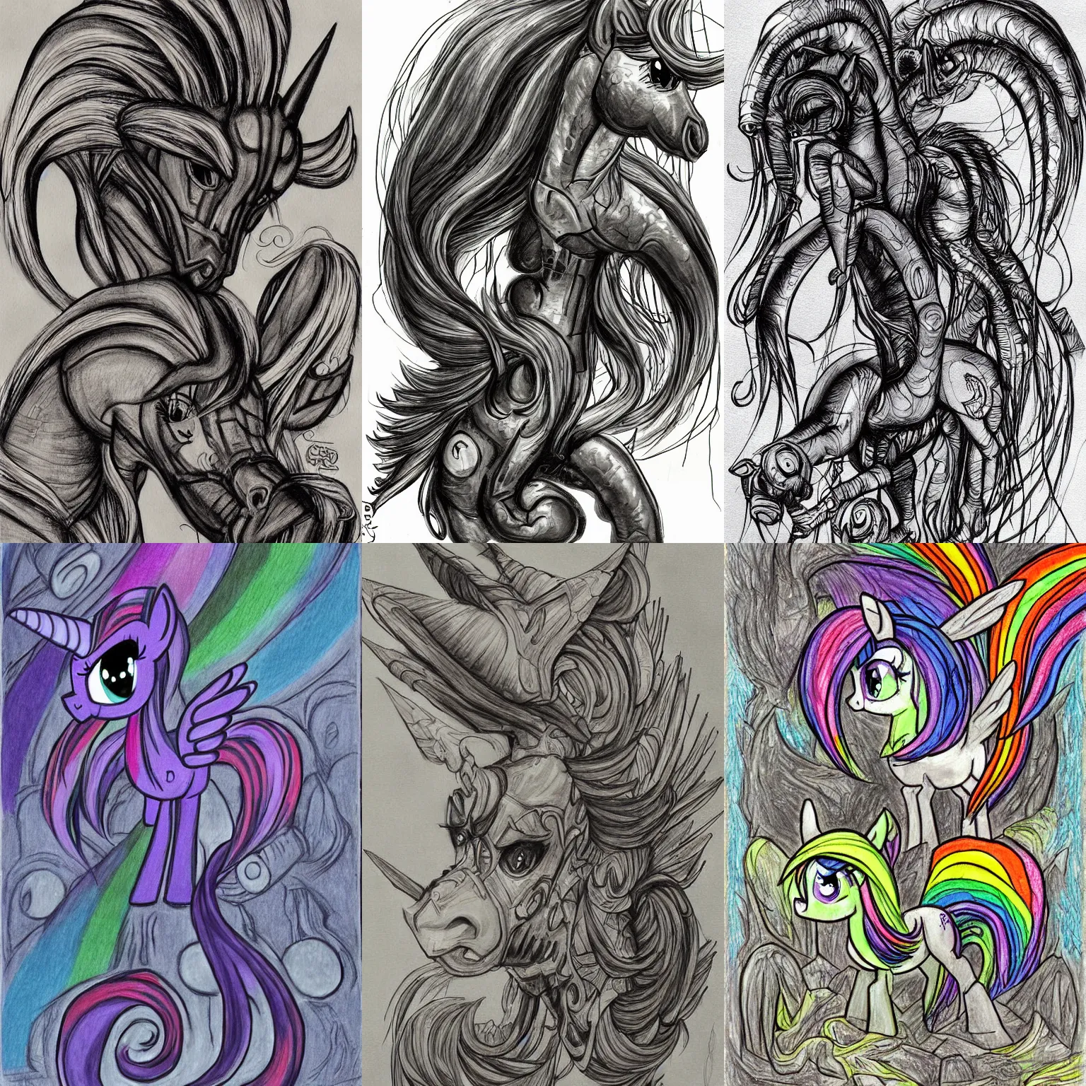 Prompt: my little pony drawn by h. r. giger, wholesome art, fun art, rainbows, a digital art, very detailed, in style of h. r. giger, mate painting, smooth