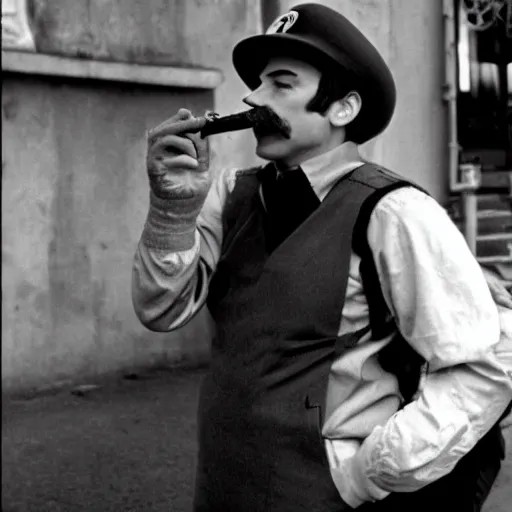Image similar to Mario smoking in a french new wave film aesthetic