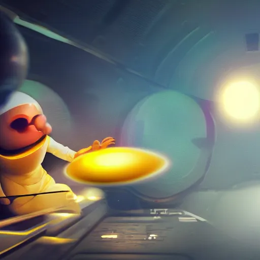 Prompt: digital art, trending on artstation, a person with a fried egg as a head driving a spaceship, cinematic, motion blur