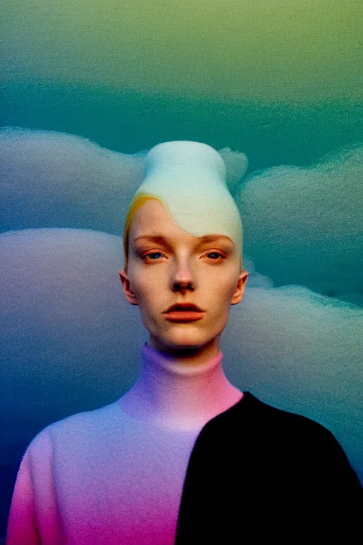 Image similar to high quality pastel coloured film close up wide angle photograph of a model wearing clothing swimming on cloud furniture in a icelandic black rock!! environment in a partially haze filled dreamstate world. three point light, rainbow. photographic production. art directed. pastel colours. volumetric clouds. pastel gradient overlay. waves glitch artefacts. extreme facial clarity. 8 k. filmic.