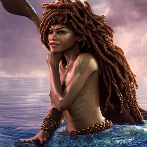 Image similar to zendaya as a dark - skinned la sirene haitian mermaid goddess, ultra realistic, concept art, intricate details, highly detailed, photorealistic, octane render, 8 k, unreal engine, art by frank frazetta, simon bisley, brom