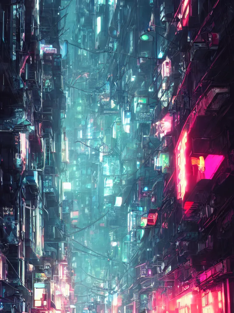 Image similar to neonpunk street, hanging cables, narrow, garbadge on the ground. rain. fog, haze, evening. led screens. very messy. futuristic. photorealistic. artstation. anime