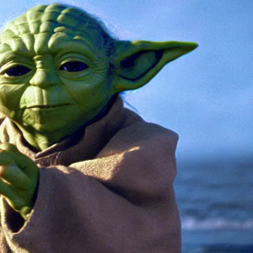 Image similar to film still of yoda on a beach movie 4 k