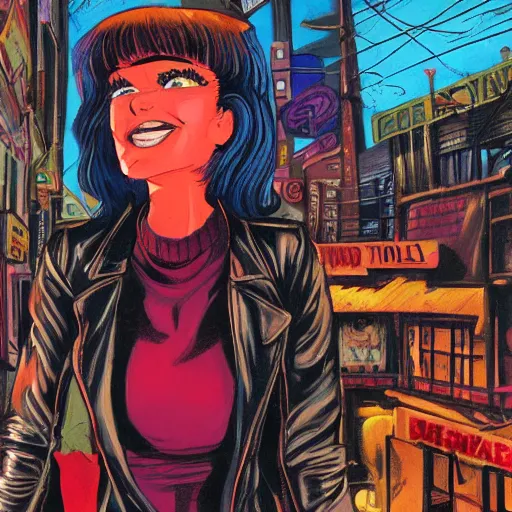 Image similar to young female protagonist in leather jacket, city street, artwork by ralph bakshi