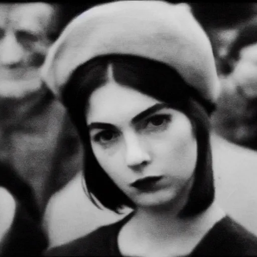 Prompt: still from a masterpiece 1 9 6 0 s french art film, very beautiful and elegant girl in beret with large eyebrows sits in the far background with an angry expression, moody lighting, viewed from afar, cinematic shot, the camera is focused on a crowd of people