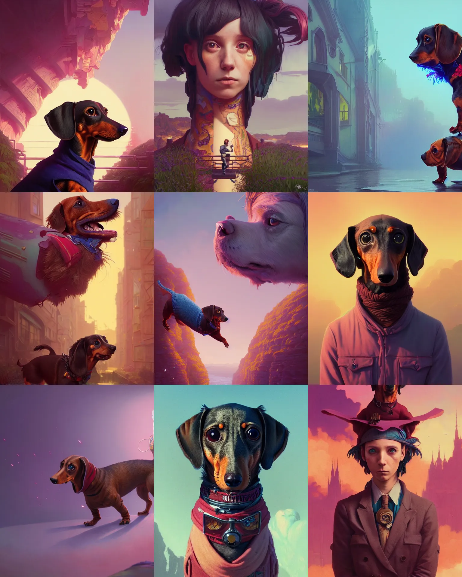 Prompt: highly detailed surreal vfx portrait of a nowpunk dachshund, stephen bliss, unreal engine, greg rutkowski, loish, rhads, beeple, makoto shinkai and lois van baarle, ilya kuvshinov, rossdraws, tom bagshaw, alphonse mucha, global illumination, detailed and intricate environment