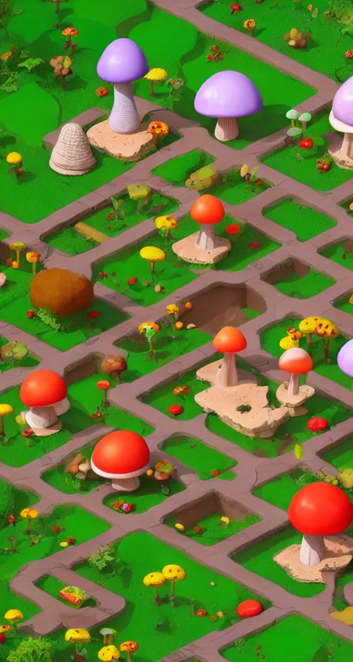 Image similar to a cute little isometric mushroom village garden, trending on artstation, 3d render, monument valley, fez video game,