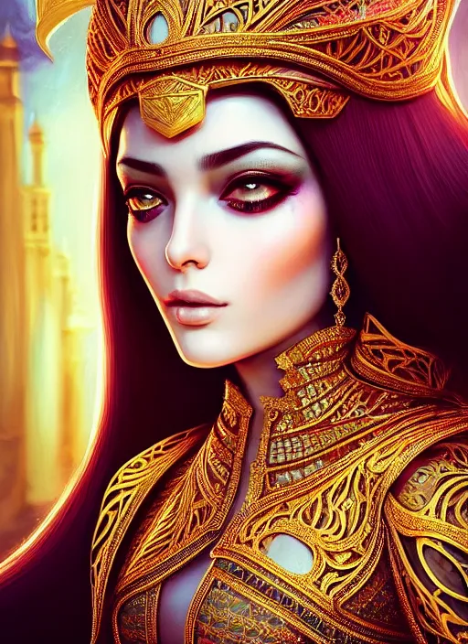 Prompt: portrait of arabic princess, intricate, technology, sharp focus, octane render, realistic, detailed, beautiful, unreal engine, symmetrical!!, maybelline, sephora, loreal, artstation, art by artgerm, rossdraws, art by karol bak, makeup by pat mcgrath, cinematic, concept art, filmic, vsco