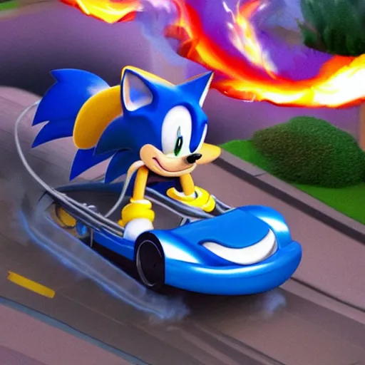 Image similar to hyper realistic sonic riding a roller coaster on fire in disney land