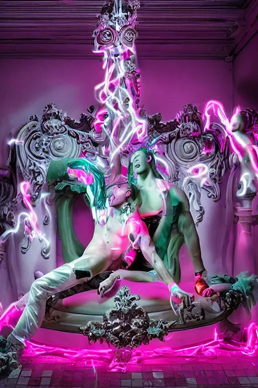 Image similar to full-body rococo and cyberpunk style neon statue of a muscular attractive macho dotado e rico android sim roupa reclining con las piernas abertas e la piroca dura, ethereal white dripping tar, glowing orange lasers, pink tigers, glowing eyes, silver prince crown, black gears, pink diamonds, swirling mint-colored silk fabric. futuristic elements. full-length view. human skulls. large intricate artwork by caravaggio. Trending on artstation, octane render, cinematic lighting from the right, hyper realism, octane render, 8k, depth of field, 3D