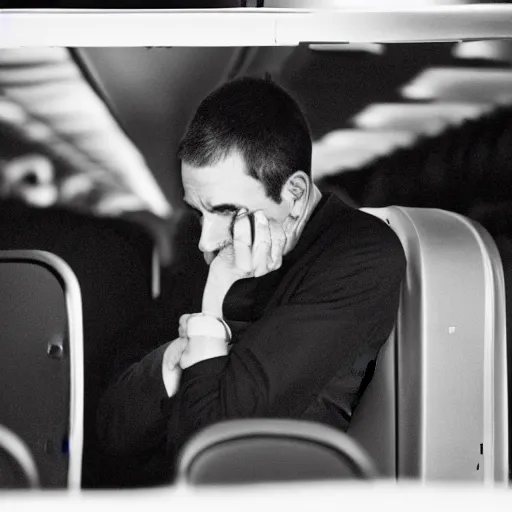 Image similar to a black and white photograph of a lonely man crying all by himself on an airplane, moody