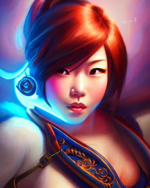 Image similar to mei from overwatch, elegant, colorful, fantasy, fantasy art, character portrait, portrait, close up, highly detailed, intricate detail, amazing detail, sharp focus, vintage fantasy art, vintage sci - fi art, radiant light, caustics, by boris vallejo