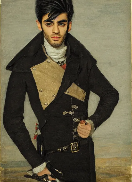 Image similar to portrait of zayn malik as an elf by turner, only one head single portrait, pointy ears, wearing a black leather napoleonic military jacket