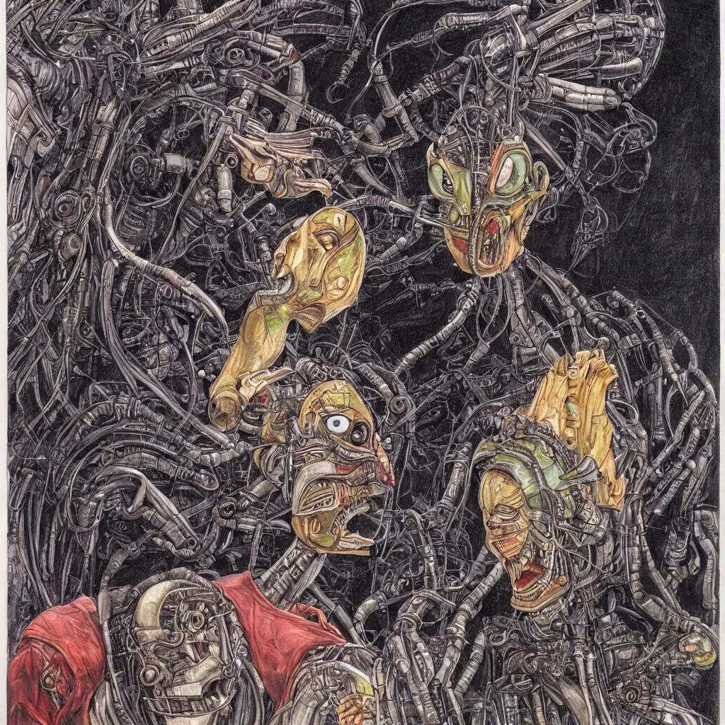 Image similar to alien robot drawing a human face with hand, patrick woodroffe, akria toriyama, spirited away