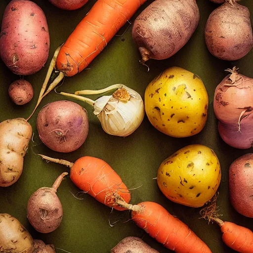 Image similar to A very beautiful and detailed botanic painting of potato, carrot, onion and beef. Professional, high quality, high resolution, professional photography, 8k, food photography