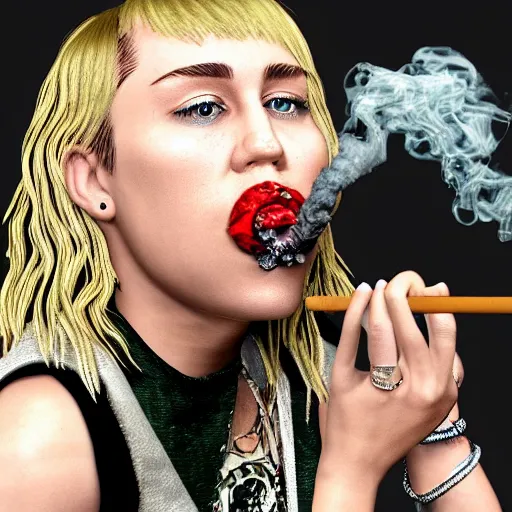 Image similar to Miley Cryus smoking a joint, 8k, realistic, extreme details, detailed, sharp, smoke