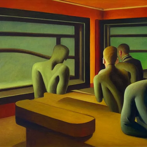 Image similar to twenty thousand leagues under the seas, grant wood, pj crook, edward hopper, oil on canvas