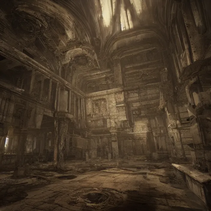 Image similar to interior mazelike architecture from quake, lovecraftian, liminal space, moody lighting, unreal engine 5, hyper detailed, hyper realistic