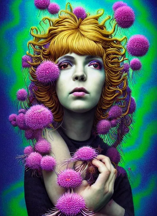 Image similar to hyper detailed 3d render like a Oil painting - Ramona Flowers with wavy black hair wearing thick mascara seen Eating of the Strangling network of colorful yellowcake and aerochrome and milky Fruit and Her staring intensely delicate Hands hold of gossamer polyp blossoms bring iridescent fungal flowers whose spores black the foolish stars by Jacek Yerka, kawaii ,Mariusz Lewandowski, cute silly face, Houdini algorithmic generative render, Abstract brush strokes, Masterpiece, Edward Hopper and James Gilleard, Zdzislaw Beksinski, Mark Ryden, Wolfgang Lettl, Dan Hiller, hints of Yayoi Kasuma, octane render, 8k