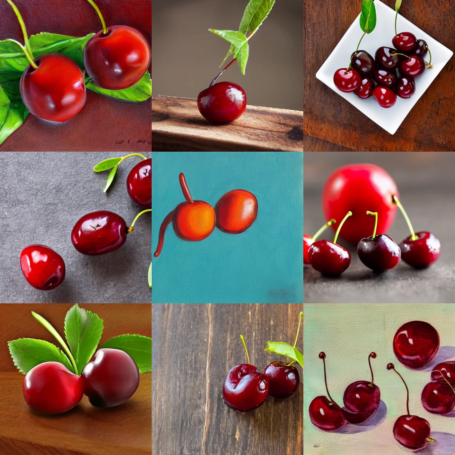 Prompt: one cherry with one olive, on a table