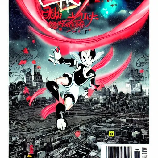 Image similar to “Astro Boy Demon nº625 Manga cover with an illustration of astroboy flying over a big messy luminous city, bird eyes view of the city, full of japanese signs, Ashley wood style, dynamic composition, printed on paper”