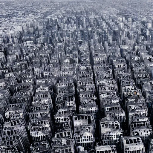 Prompt: airborne view apocalyptic city, buildings covered in shiny black liquid