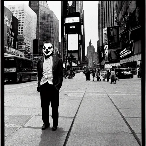 Prompt: bruce campell is the joker and is threatening time - square, photography, kodak portra, desaturated, by vito acconci