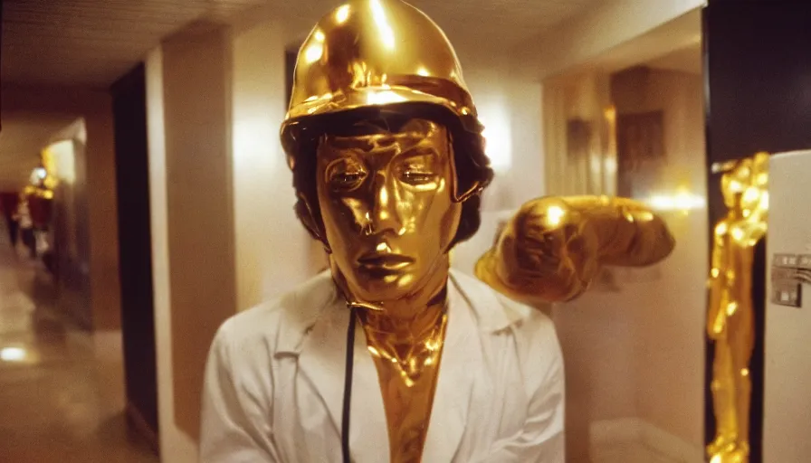 Prompt: 7 0 s movie still of a man made of pure gold the hospital, cinestill 8 0 0 t 3 5 mm eastmancolor, heavy grain, high quality, high detail