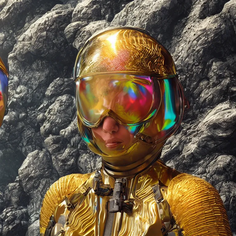 Image similar to octane render portrait by wayne barlow and carlo crivelli and glenn fabry, focus on a woman in a skintight shiny black spacesuit with intricate iridescent metal detailing, covered in bright colorful tropical alien flora in front of a giant rocky cliff, cinema 4 d, ray traced lighting, very short depth of field, bokeh