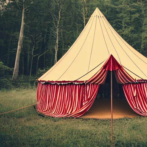 Image similar to a circus tent in the middle of a dark mysterious forest