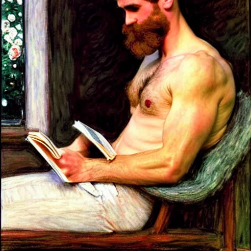 Prompt: attractive man reading a book, painting by tom of finland, john william waterhouse, claude monet