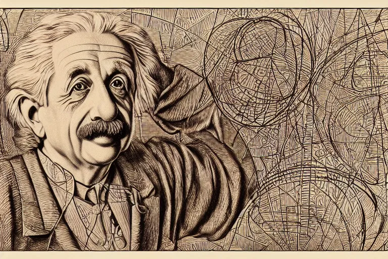 Image similar to an engraved portrait of albert einstein surrounded by intricate equations of theory of relativity, detailed!!! copper - plate engraving in the style of a postage stamp, freemason symbol, fine!!! lines, engraved by m. c. escher