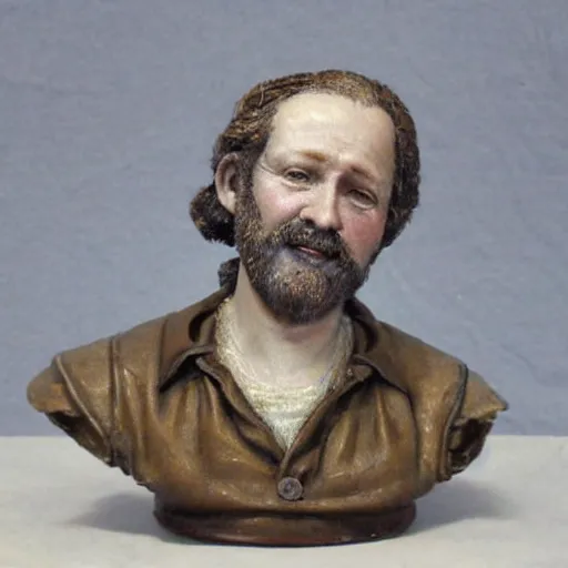Prompt: hyper realistic closeup bust of a new england fisherman, painted, colorized, bossons vintage chalkware,